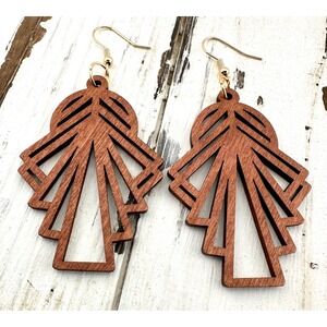 Art Deco Drop Earrings Laser Cut Wood Chestnut Brown Stained NEW